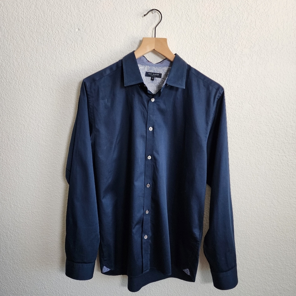 Ted Baker Men's Sz.4/Large Navy Blue Button Front Long Sleeve Dress Shirt